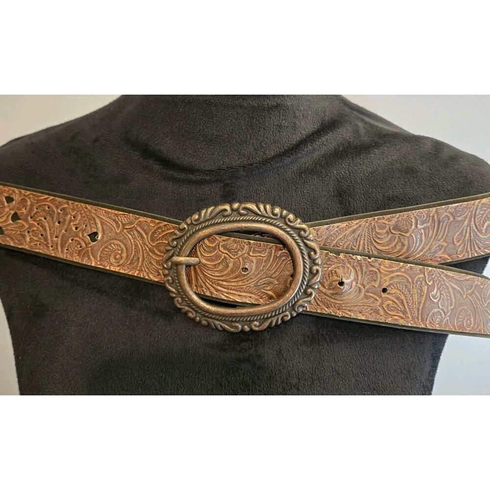 Scroll Etched Design Faux Soft Leather Brushed Gold Scroll Buckle 45" Long BOHO